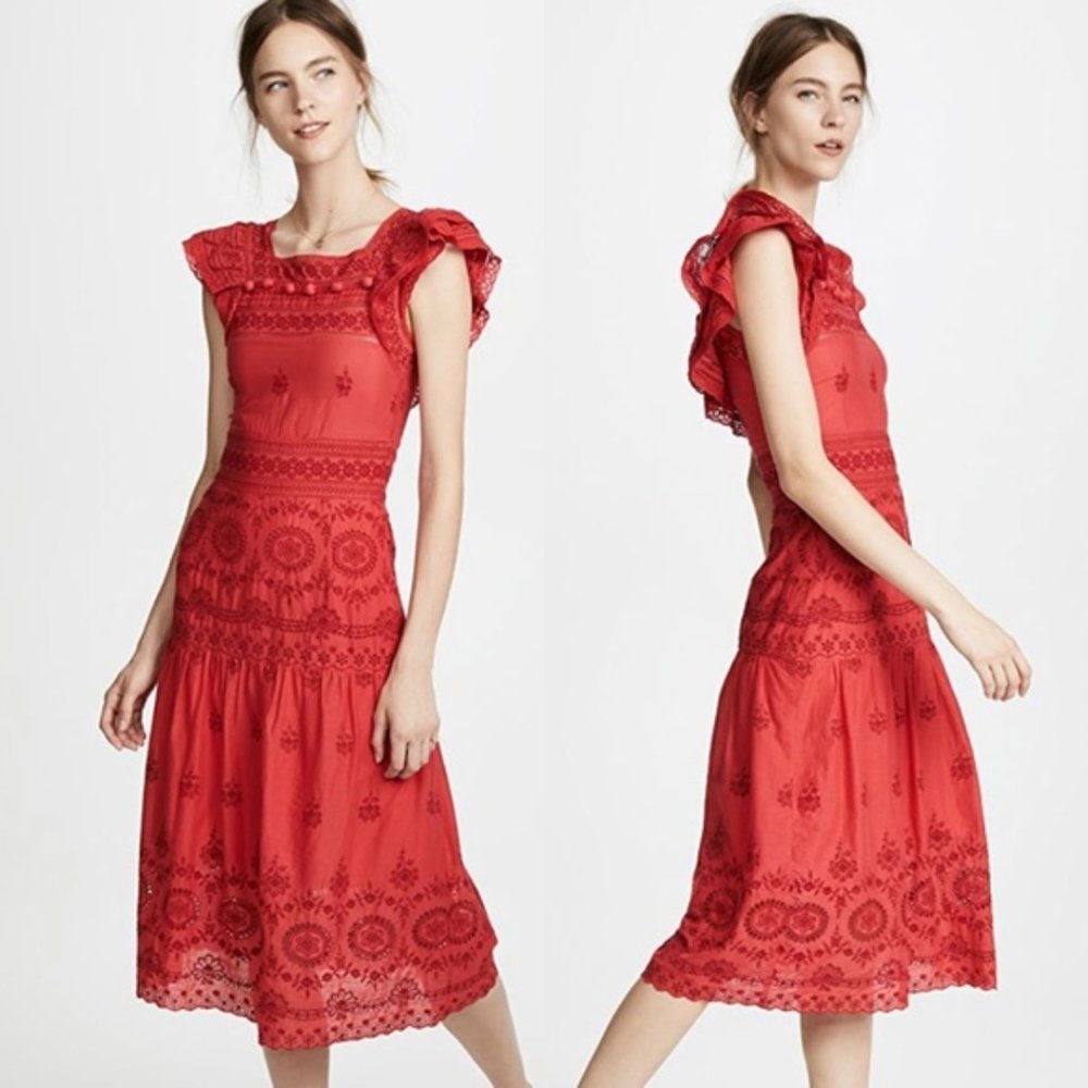 Sea New York Embroidered Midi Dress SZ 2 Red Eyelet Detail Flutter Sleeve